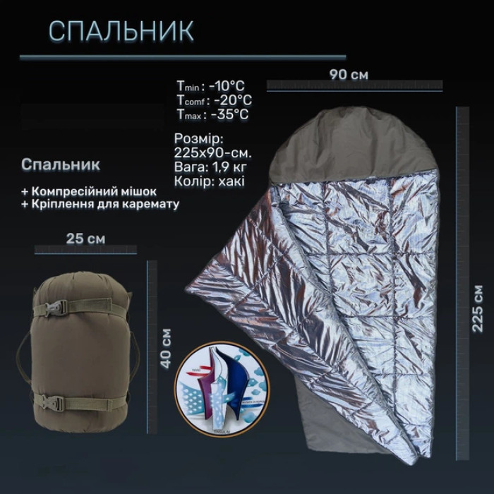 Зимовий Спальний Мішок Stryker( Tinsul-M з підкладкою Omni-Heat - 25) 220x90 "MultiСam"